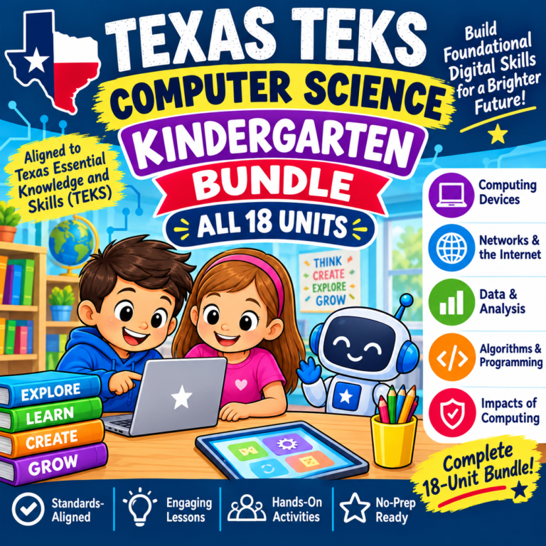 Kindergarten Computer Science Curriculum: Every Texas TEKS §126.1 Standard, No Prep